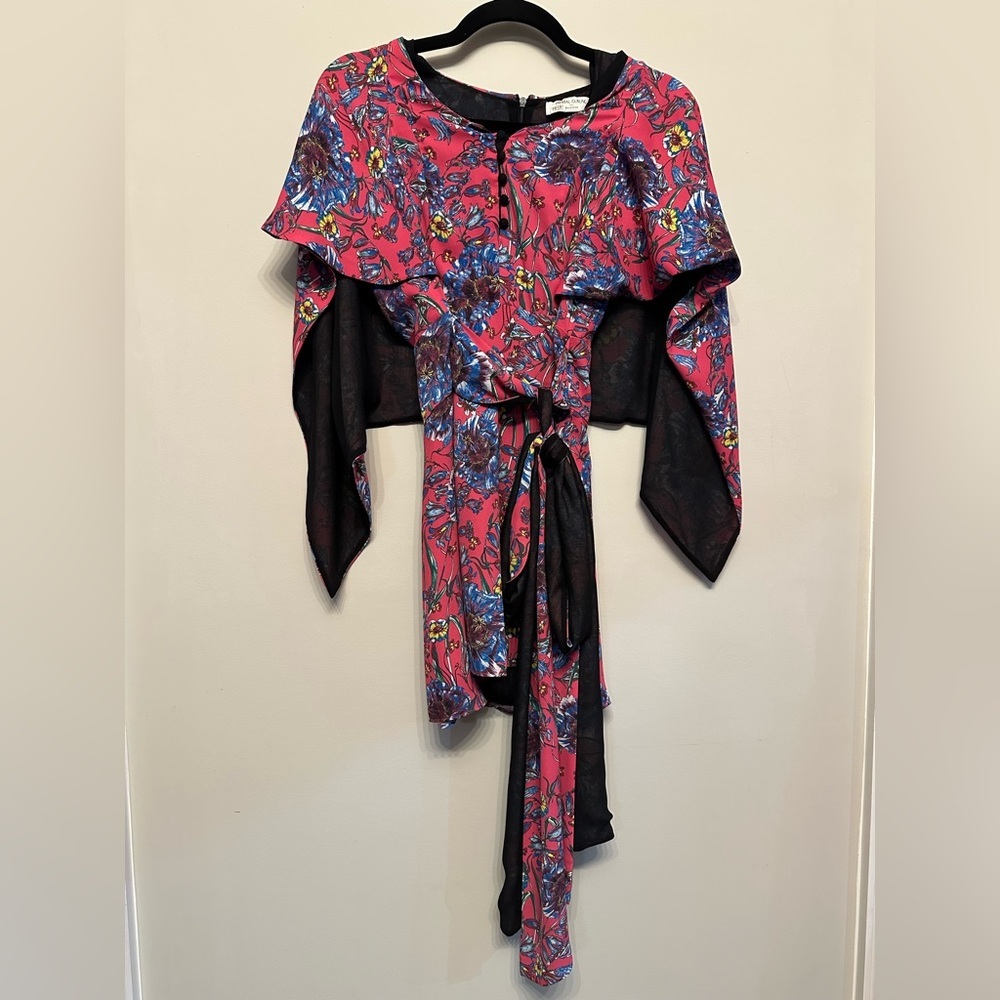 Prabal Gurung Black and Pink Floral Dress w/ Attached Belt Size 4